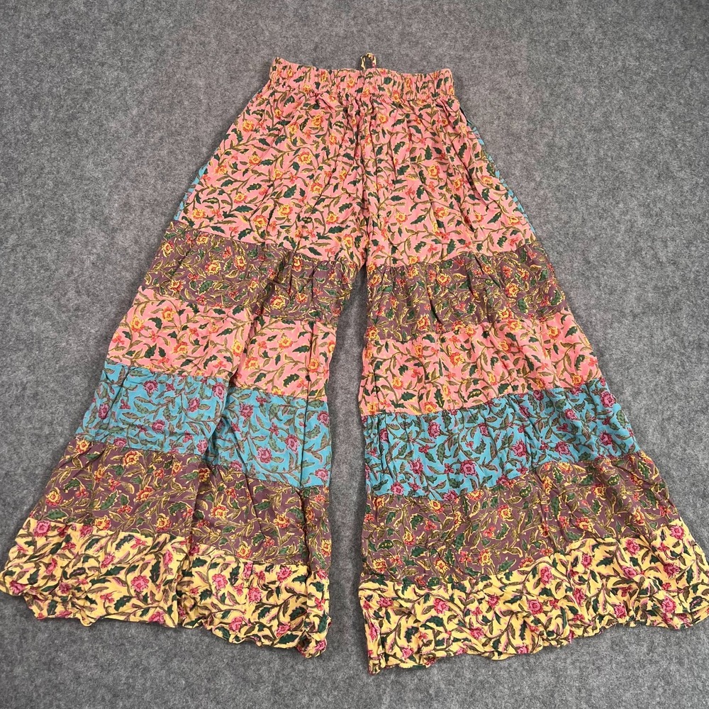 Sacred threads‎ Floral Patchwork Flare Wide Leg Tiered Pants Women's Size S/M